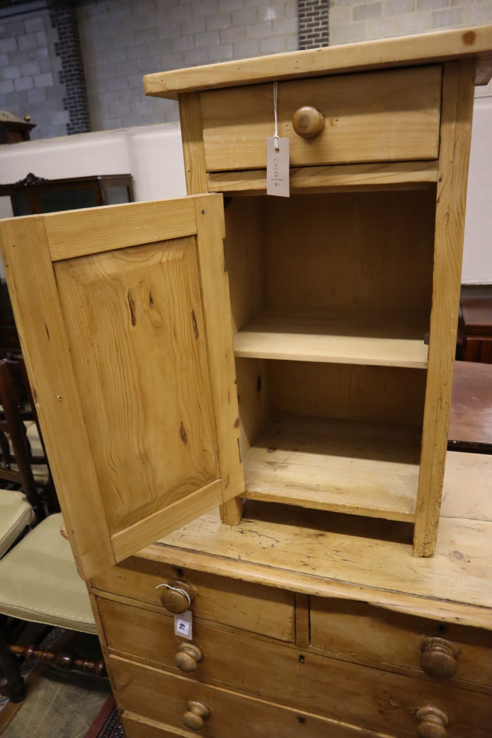 A Victorian pine bedside cabinet, width 42cm, depth 32cm, height 72cm